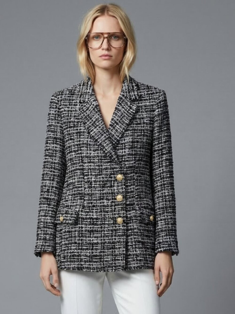 Zara Black White Bouclé Tweed Office Siren Asymmetric Gold Button Blazer XL